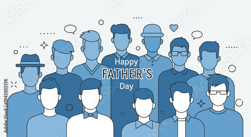 A collection of diverse male characters celebrating Father's Day in a minimalist blue style