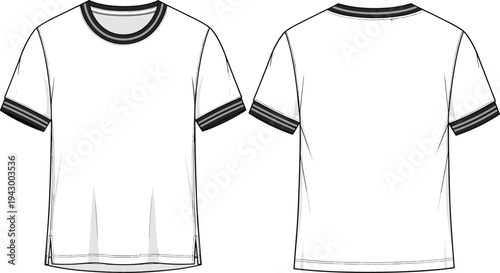 Front and back view of a men's ringer t-shirt technical sketch template with striped collar and cuffs by flavector.