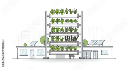 Vertical farm with solar panels on roof, sustainable living concept