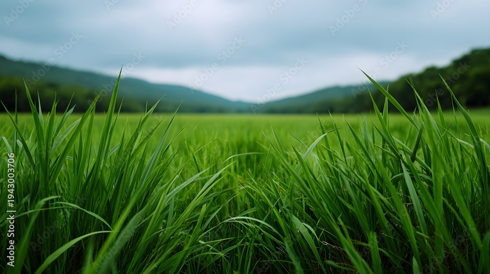 Obraz premium Low angle perspective of a vibrant lush green grass field stretching towards distant softly blurred hills under a cloudy sky