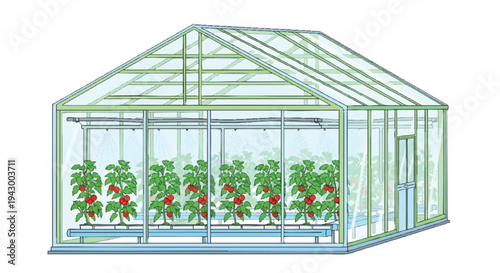 Greenhouse with plants and red tomatoes inside, illustration