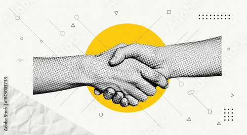 Vibrant graphic showing a firm handshake, symbolizing trust, agreement, and successful collaboration, framed by modern geometric design elements