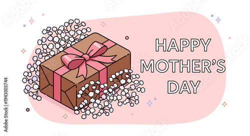 A beautifully wrapped gift box with a ribbon and flowers, featuring a festive Mother's Day greeting in a modern style