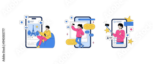Young People Engaging with Social Media Vector Illustration