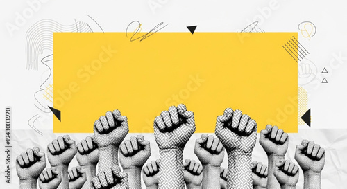A diverse group of raised fists symbolizing unity, protest, and collective action in a modern graphic design with abstract elements