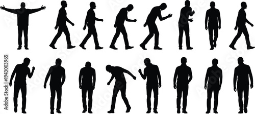 Human walking posture silhouettes, standing and leaning poses, emotional body language sequence, movement transformation illustration, introspective figure vector design