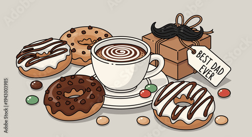 A cozy scene featuring a cup of coffee, assorted donuts, and a gift box with a tag, illustrated in a playful, modern style