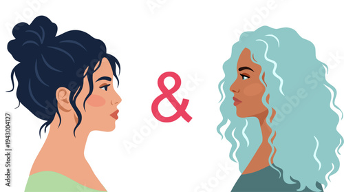Colorful diverse women portraits. Multicultural female characters and different hairstyles. Women community and friendship concept. Female empowerment and individuality. Modern flat vector illustratio