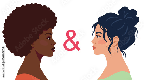 Colorful diverse women portraits. Multicultural female characters and different hairstyles. Women community and friendship concept. Female empowerment and individuality. Modern flat vector illustratio