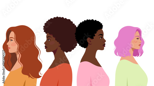 Colorful diverse women portraits. Multicultural female characters and different hairstyles. Women community and friendship concept. Female empowerment and individuality. Modern flat vector illustratio
