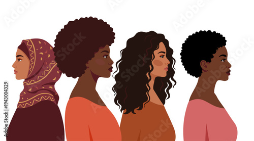 Colorful diverse women portraits. Multicultural female characters and different hairstyles. Women community and friendship concept. Female empowerment and individuality. Modern flat vector illustratio