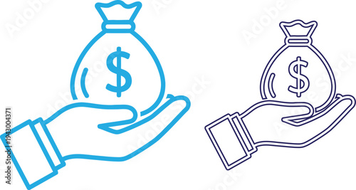 Financial icons of hands holding money bags with dollar signs