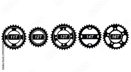 Five bicycle sprockets with tooth counts black graphic silhouette