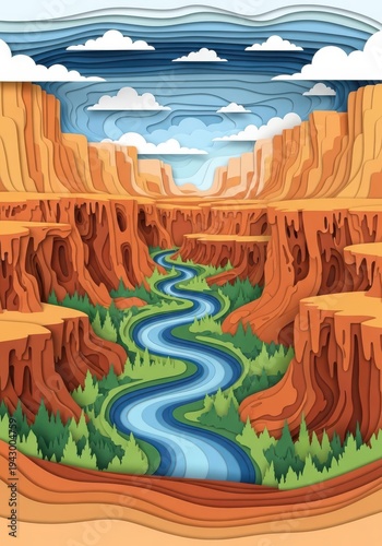 Layered paper cutting style illustrates a deep canyon landscape featuring a winding river and layered sky