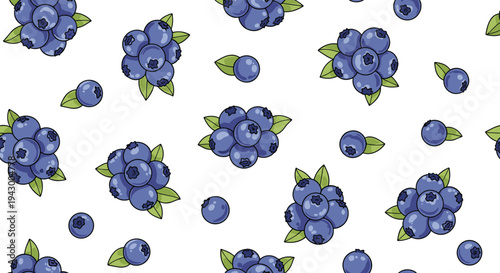 Refreshing seamless pattern featuring clusters of ripe blueberries with small green leaves scattered across a clean white background.