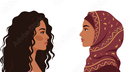 Colorful diverse women portraits. Multicultural female characters and different hairstyles. Women community and friendship concept. Female empowerment and individuality. Modern flat vector illustratio