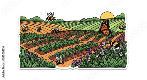 Vibrant farm landscape with diverse crops and workers at sunrise