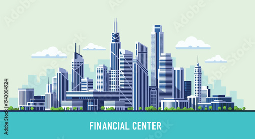 Detailed vector illustration of a major financial center skyline with various skyscraper designs and clouds, under a clear light sky.