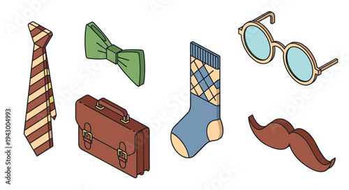 A collection of stylish accessories including ties, bow ties, socks, sunglasses, and a briefcase in a playful, colorful style