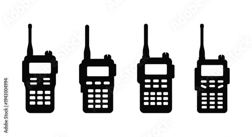 Four black walkie talkies displayed in a simple stark silhouette