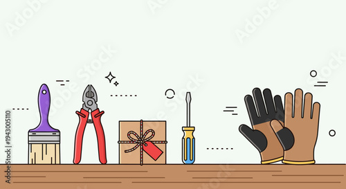 A collection of essential tools including a paintbrush, pliers, screwdriver, and gloves in a minimalist style