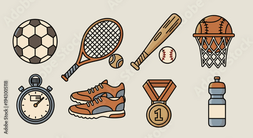 A collection of sports equipment illustrations featuring a soccer ball, tennis racket, baseball bat, and more in a colorful, modern style