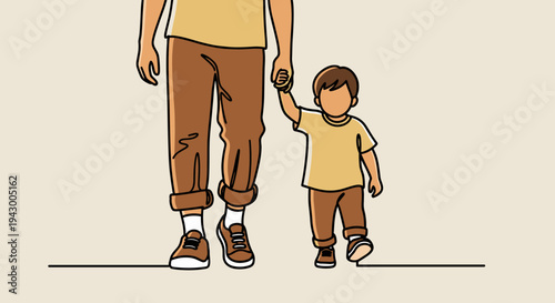 A minimalist illustration of a parent and child walking hand in hand, featuring a modern line art style