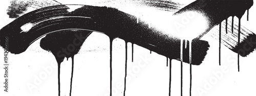 Bold black paint brush stroke with spray paint texture and drips