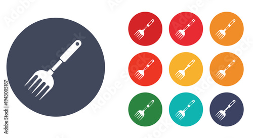 Garden fork tool icon displayed in a large blue circle with nine smaller colorful icon variations on a white background.