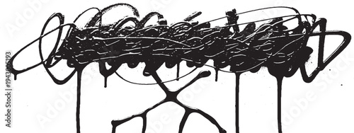 Black graffiti scribble with dripping ink and splatter effect on white background