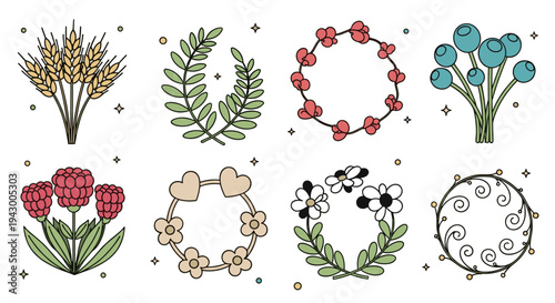 A colorful collection of floral designs featuring various wreaths and bouquets in a modern, flat style