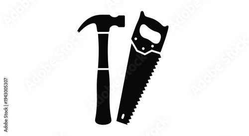 Hammer and handsaw tools displayed in a stark black silhouette