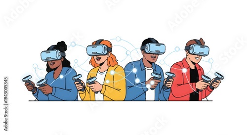 Diverse people wearing VR headsets and holding controllers