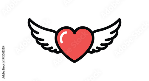 Red heart with white wings icon in a simple outline style representing love freedom and a celestial romance.