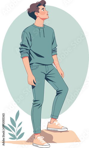 Illustrazione vettoriale di un ragazzo in cima a una montagna che guarda verso l’alto. Concetto di avventura, conquista, esplorazione, libertà e connessione con la natura, ideale per outdoor