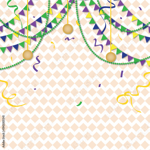 Mardi Gras Party Background With Colorful Bunting, Streamers and Confetti On Pattern