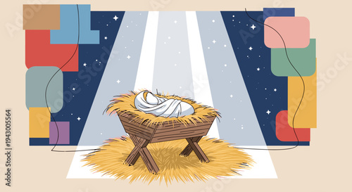 A serene nativity scene featuring a wooden manger with swaddled baby, set in a colorful, modern style
