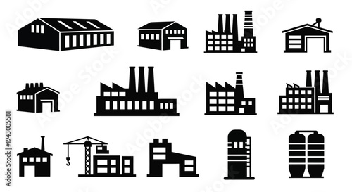 Industrial buildings and factory structures in a black silhouette