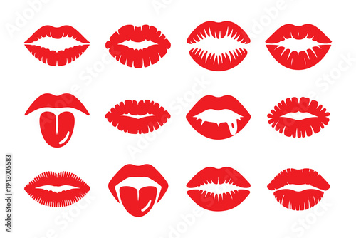 Collection of red lips imprints kissing mouth shapes artistic graphic design elements vector