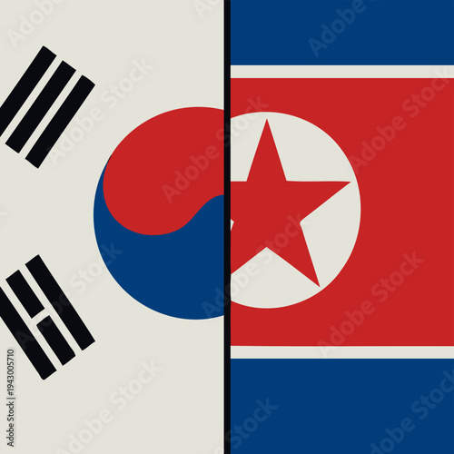 North and South Korea federal state Official Symbol Side by Side. Close Up Sign. National Flag Combination Image. Close-Up International Relations Concept Illustration conflict
