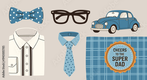 A collection of Father's Day-themed illustrations featuring shirts, ties, glasses, and a classic car in a modern style