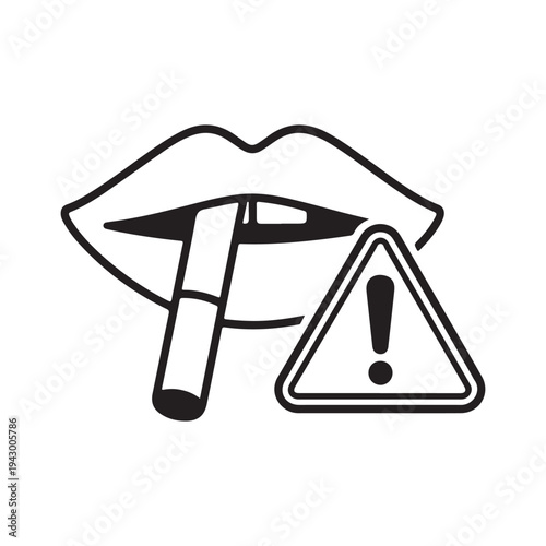 Danger of smoking vector icon, open mouth with cigarette and warning sign, smoking bad habit concept
