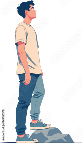 Illustrazione vettoriale di un ragazzo in cima a una montagna che guarda verso l’alto. Concetto di avventura, conquista, esplorazione, libertà e connessione con la natura, ideale per outdoor