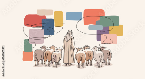 A shepherd guiding a flock of sheep, illustrated in a minimalist style with colorful abstract shapes in the background