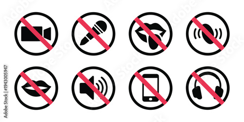Forbidden activity icons set with red slash marks for no camera speaking phone or music in restricted locations