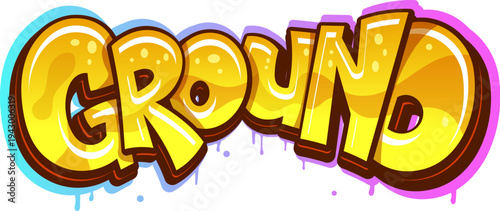 Ground urban graffiti, hip hop wall painting typography. Ghetto street wall drawing, urban airbrush spray vector typography. Hip Hop paint text tag with glossy, candy or honey like yellow letters