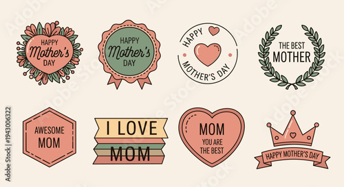 A collection of colorful Mother's Day badges and icons featuring heartfelt messages in a modern flat style