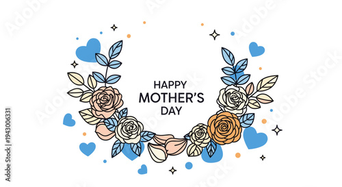 A vibrant floral arrangement featuring roses and leaves, styled in a modern line art design for Mother's Day