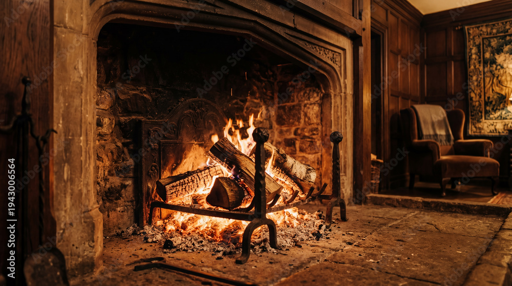 Obraz premium A cozy, inviting fireplace casts a warm, inviting glow, creating a comforting atmosphere perfect for a relaxing evening.
