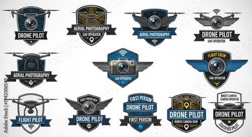 Collection of drone pilot emblems and logos with cameras and wings.